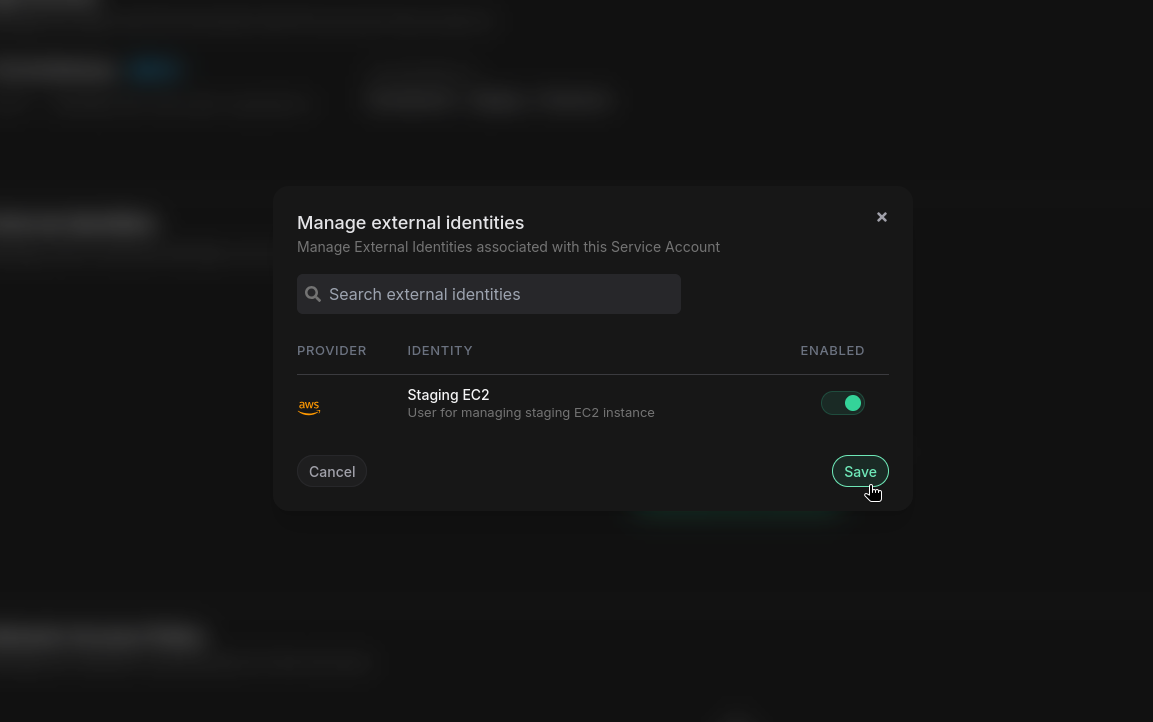 add external identity to service account