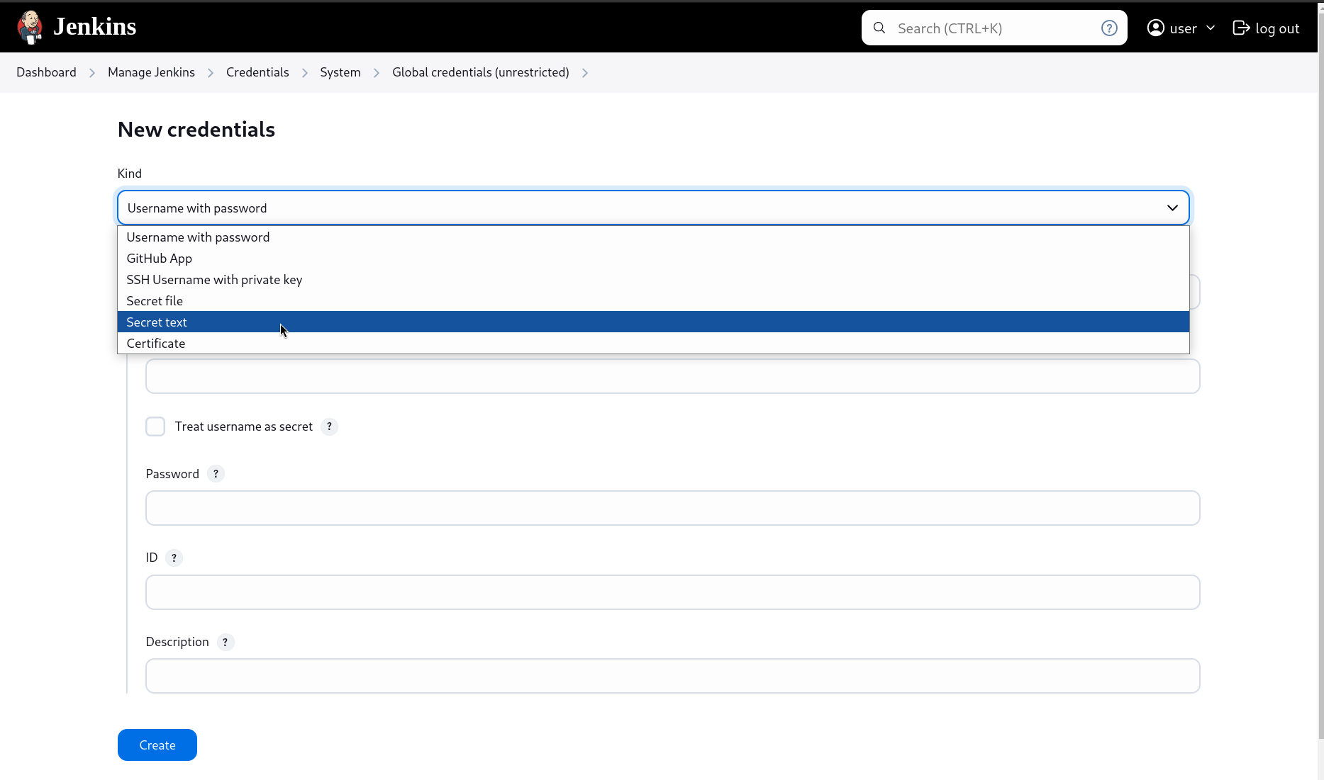 Select secret text from dropdown