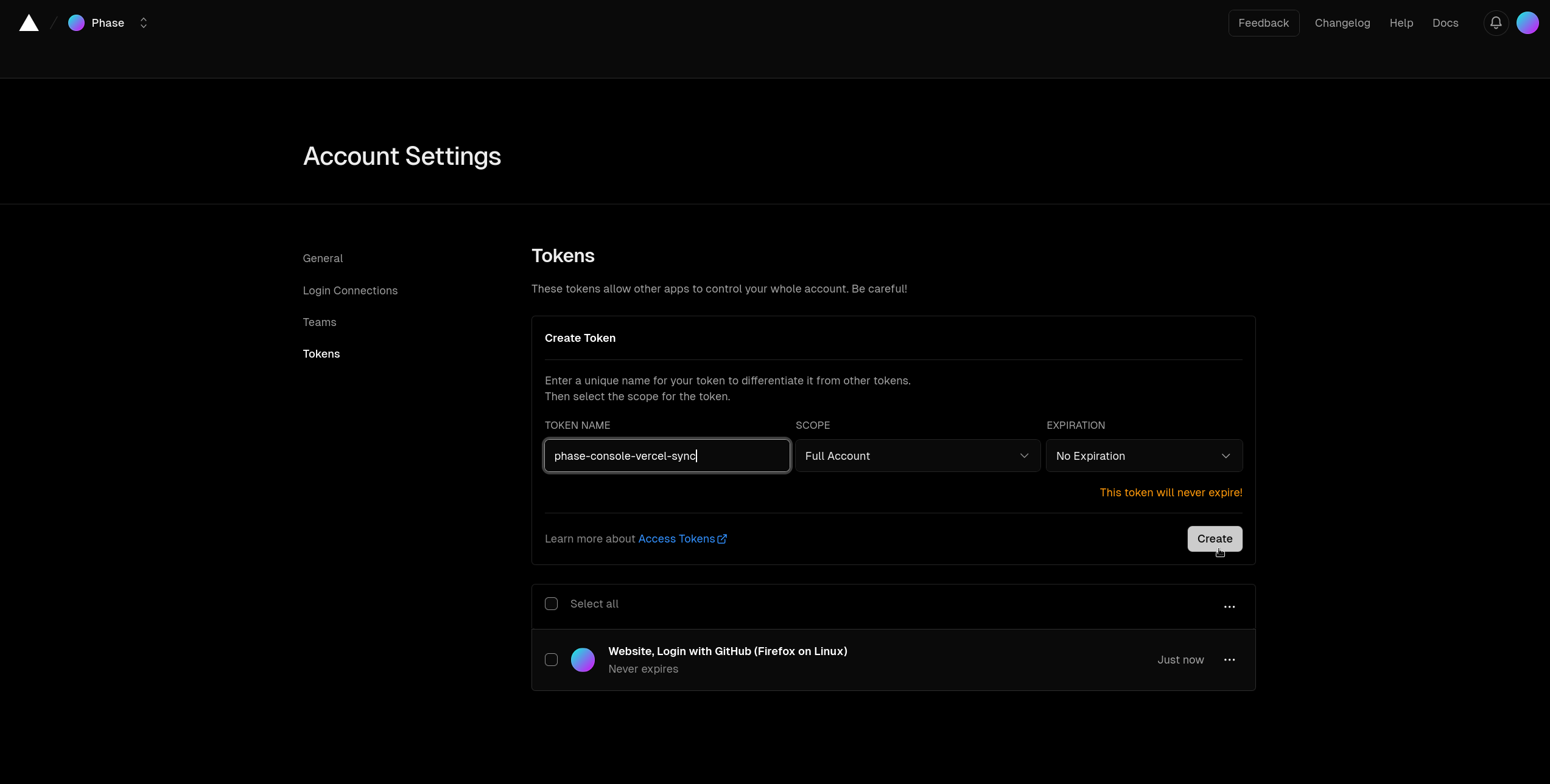 Vercel dashboard account settings token create
